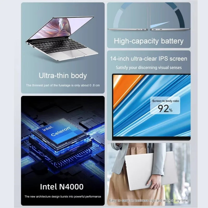 14.1" Portable Laptop – Intel Core i7-9850H or Atom A3950, 12GB RAM, up to 2TB SSD, Windows 11 Pro | Office & Study