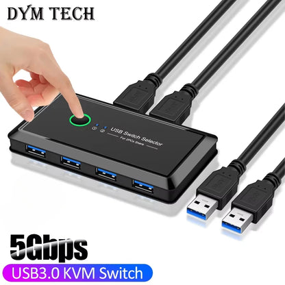 USB 3.0 KVM Switch – 2 Inputs, 4 Outputs, Shared Keyboard Mouse Printer Hub