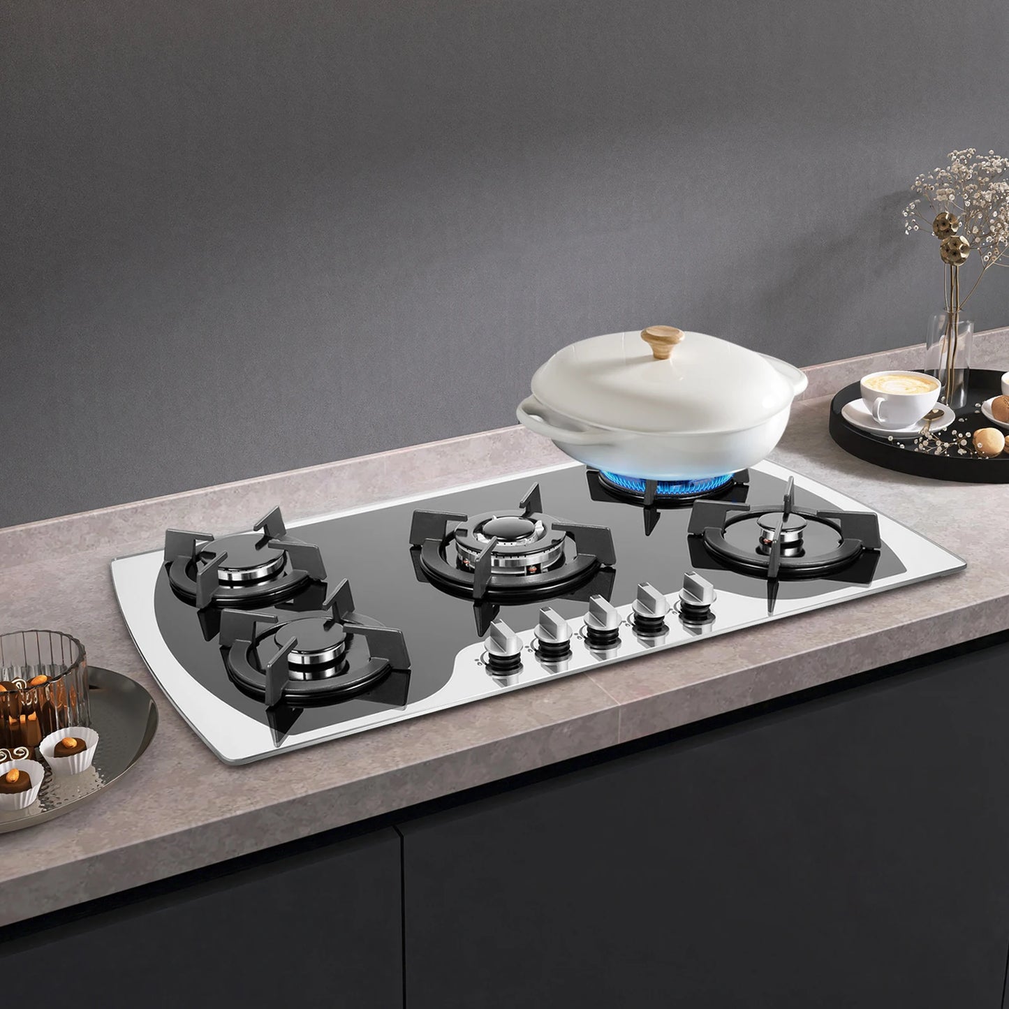 5-Burner Gas Cooktop | Al-Alloy | Tempered Glass | Built-in | Domestic & Commercial