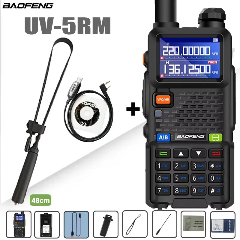 Baofeng UV-5RM walkie talkie with four-band radio, large 3800mAh battery, compact two-way communication device.