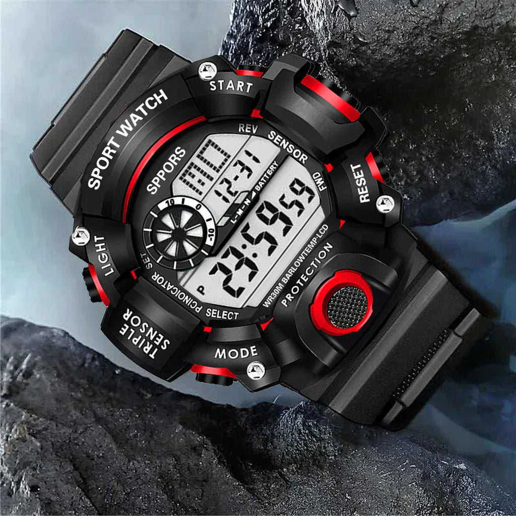 Men's sports electronic wristwatch with large dial, waterproof design, luminous display, and alarm feature by R.E.D. Shopping