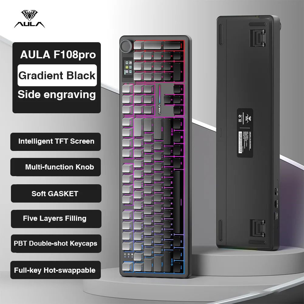 AULA F108Pro Wireless Mechanical Keyboard – Bluetooth, Gasket, Hot-Swap, TFT Display, RGB, 98 Keys