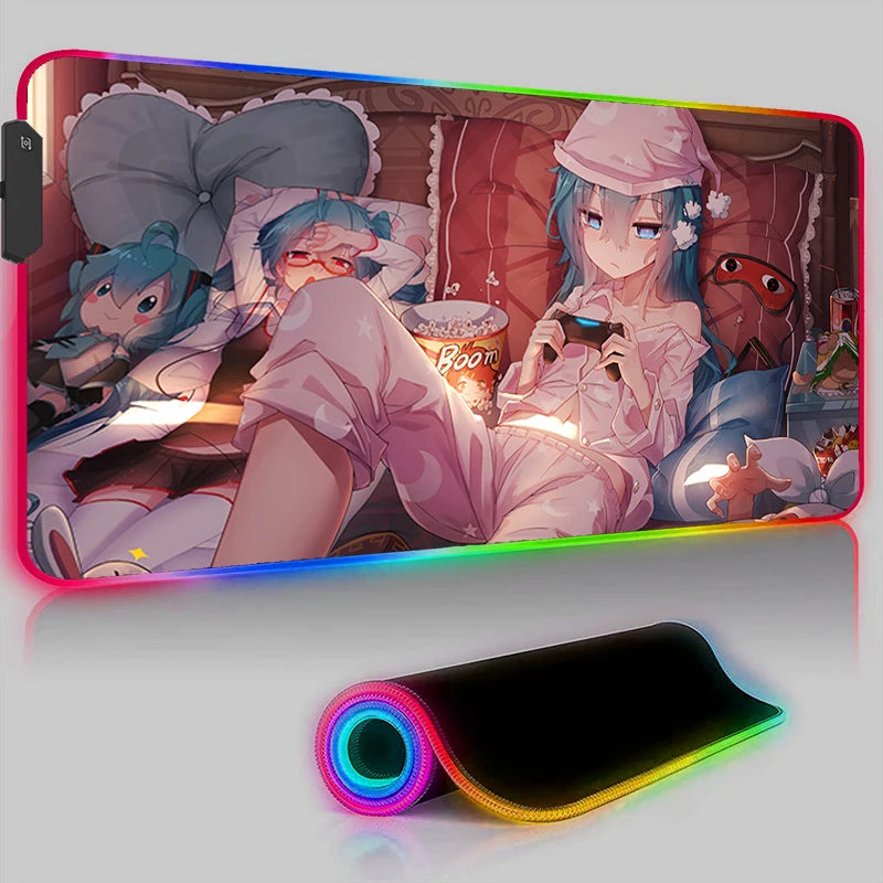 Kawaii Pink Hatsune Miku Anime RGB Mouse Pad – XXL LED Gaming Deskmat, Keyboard Carpet
