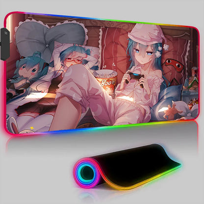 Kawaii Pink Hatsune Miku Anime RGB Mouse Pad – XXL LED Gaming Deskmat, Keyboard Carpet