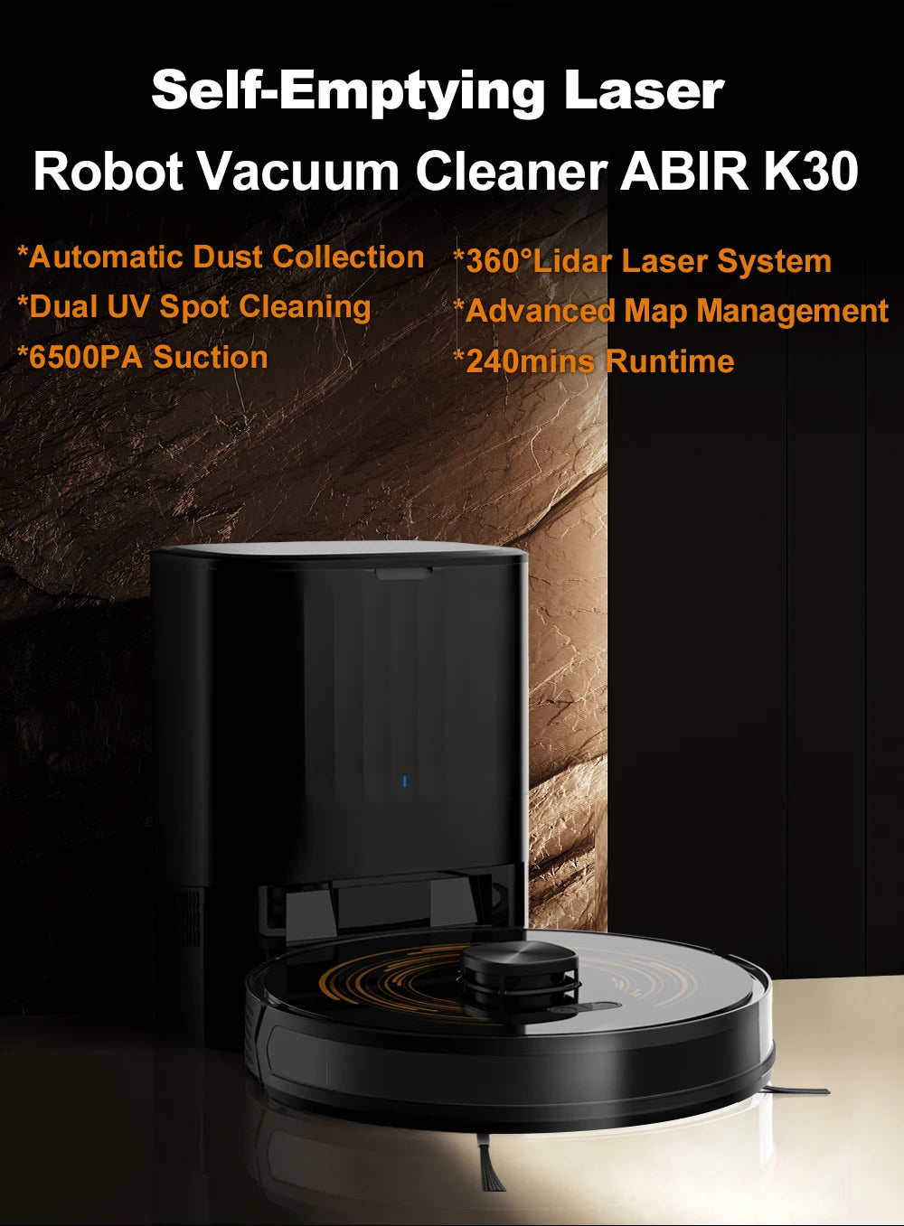 ABIR K30 Robot Vacuum Cleaner – Auto-Empty Dock, UV Spot Cleaning, 6500Pa, Multi-Floor Map