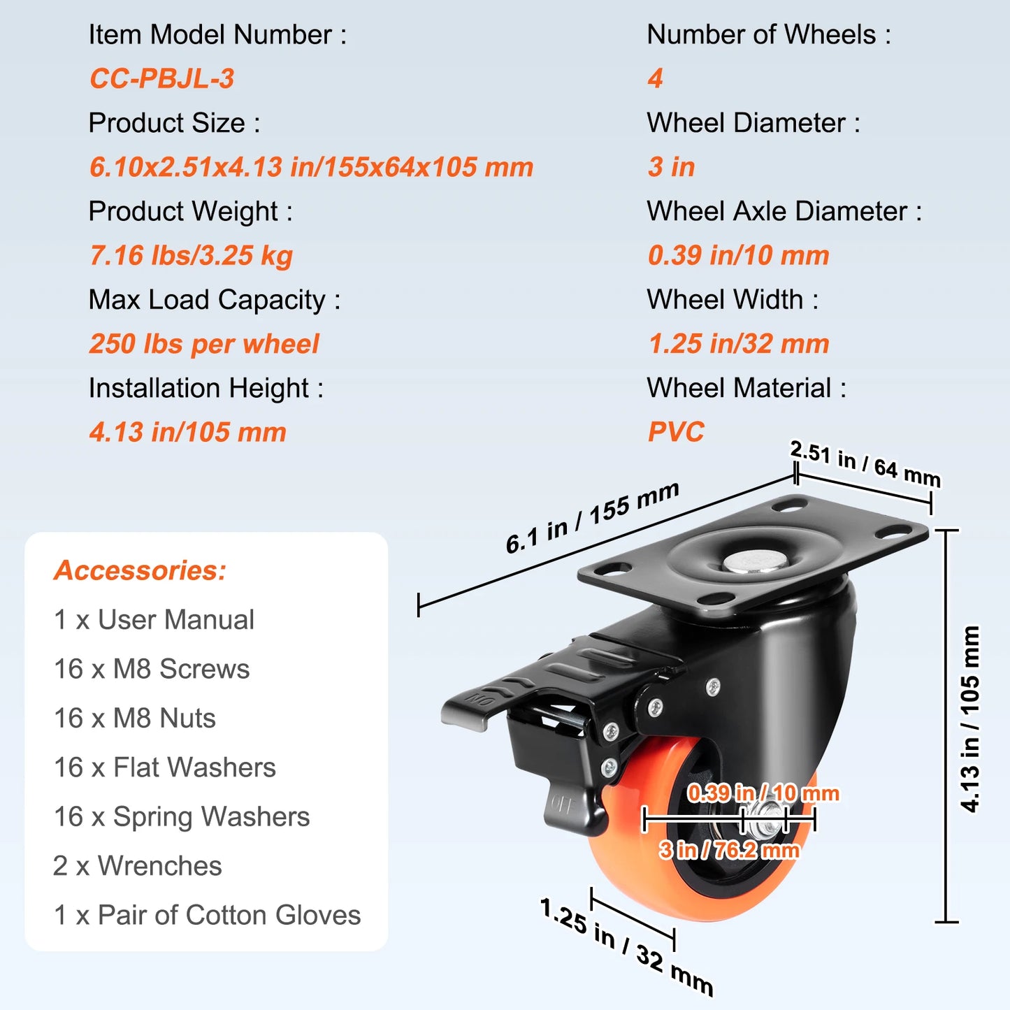 SucceBuy Swivel Plate Casters Set of 4 – 2–6 inch, Dual Locking PVC Wheels