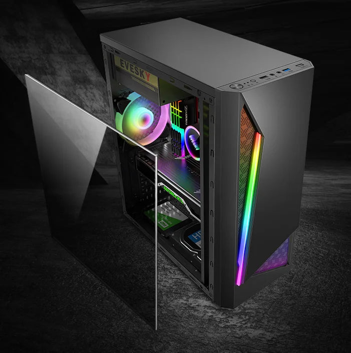 Aotesier Budget Gaming Desktop PC with AMD A8-7680 processor, 8GB RAM, 120GB SSD, Windows 10 Pro, black tower computer.