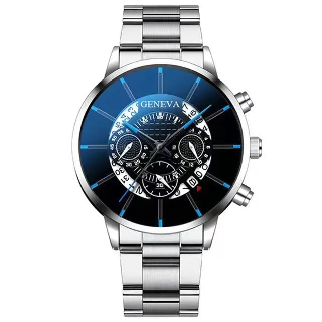 Men's Quartz Watch Set – 3-Piece Stainless Steel Strap, Circular Dial, Date Function
