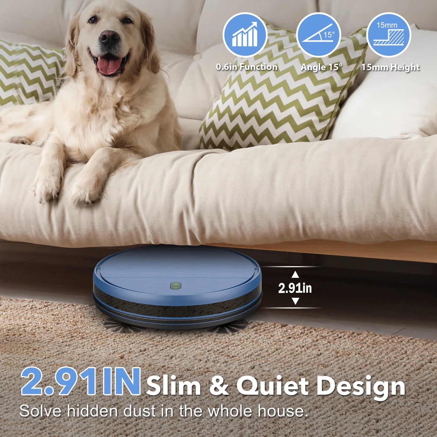 RAYFURN Robot Vacuum Cleaner with 6000Pa suction, auto charging, and mopping functionality in a modern home setting