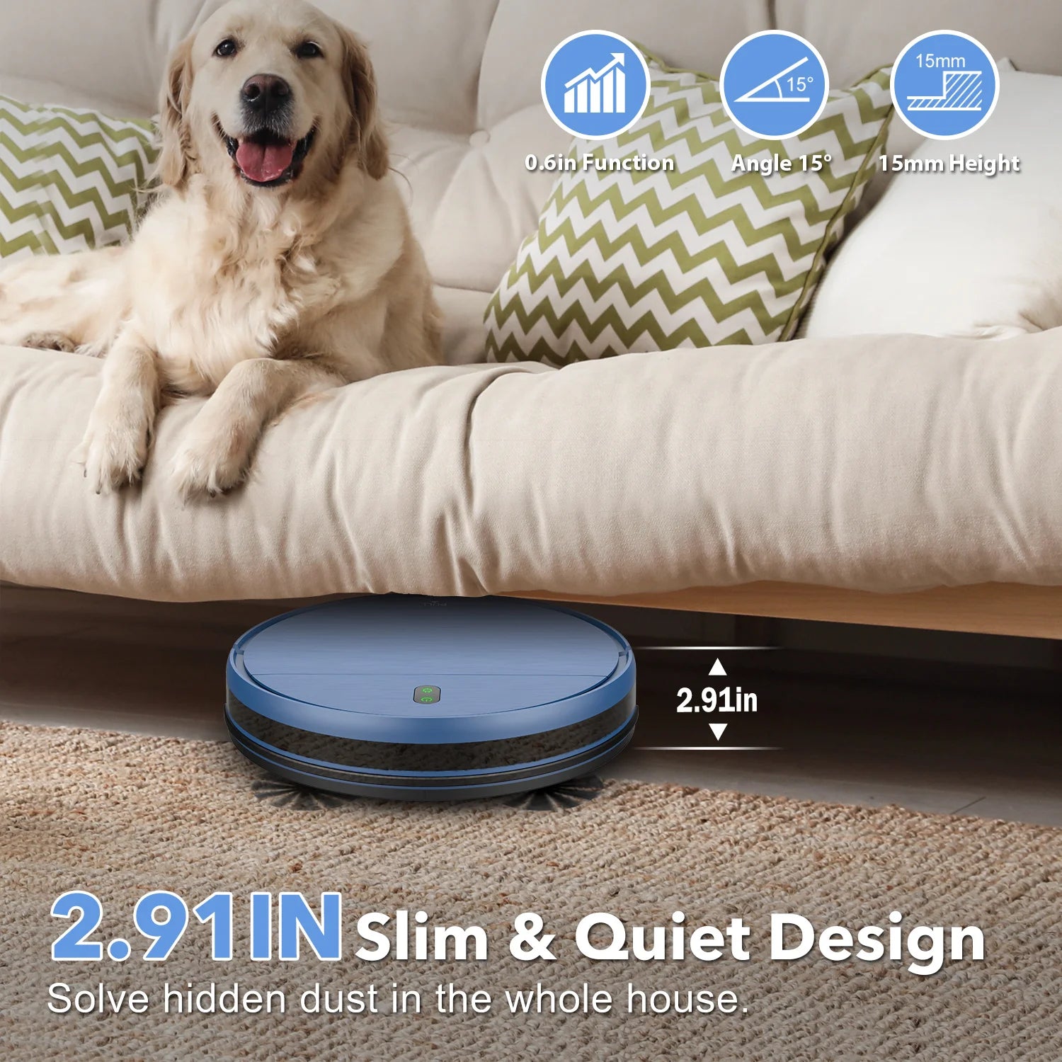 RAYFURN Robot Vacuum Cleaner with 6000Pa suction, auto charging, and mopping functionality in a modern home setting