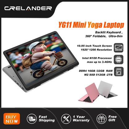 CRELANDER Mini Yoga Laptop 10.95" — 16GB DDR4, M.2 SSD, 360° Flip, Touch Screen, Windows 11