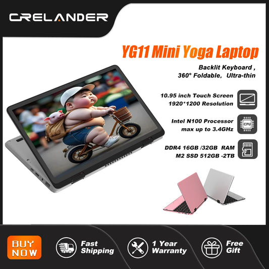 CRELANDER Mini Yoga Laptop 10.95" — 16GB DDR4, M.2 SSD, 360° Flip, Touch Screen, Windows 11