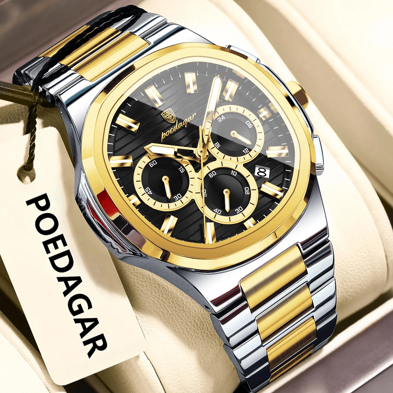 POEDAGAR Men's Luxury Chronograph Watch – Stainless Steel, Waterproof, Luminous, Date