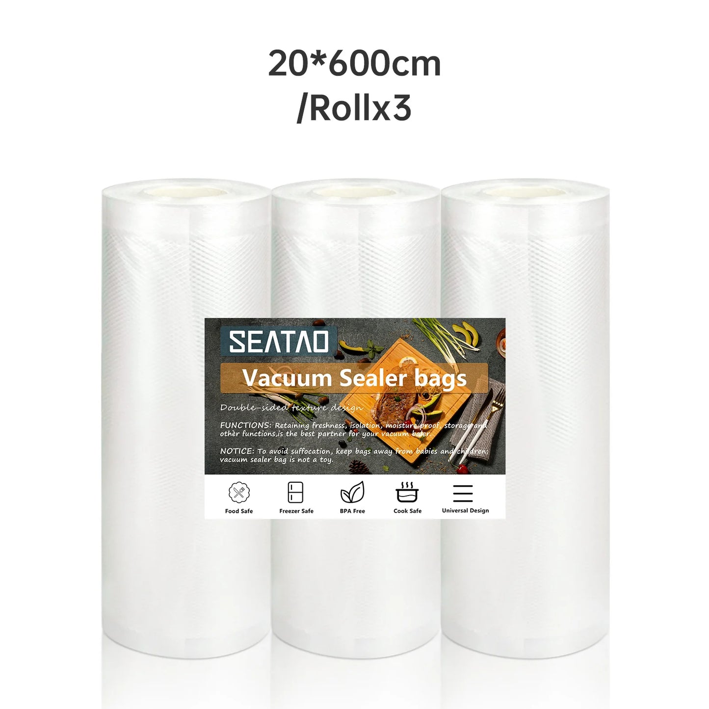 SEATAO vacuum food storage bags by R.E.D. Shopping, long rolls for vacuum sealer, ideal for keeping food fresh and organized.