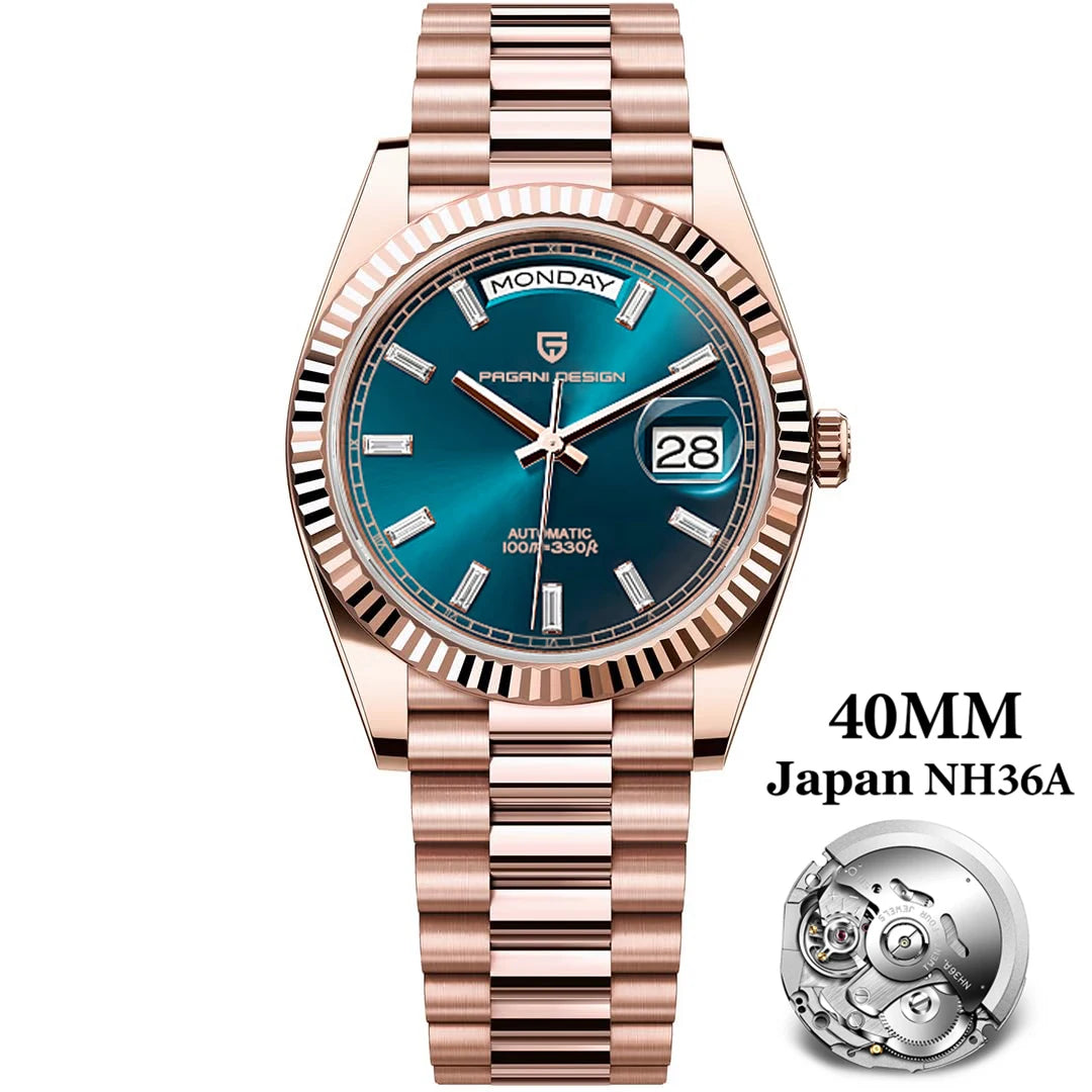 PAGANI DESIGN Men's Automatic Watch – 40mm, NH36A, AR Sapphire Glass, Date & Week, Gold Green