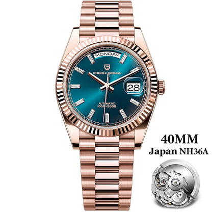 PAGANI DESIGN Men's Automatic Watch – 40mm, NH36A, AR Sapphire Glass, Date & Week, Gold Green