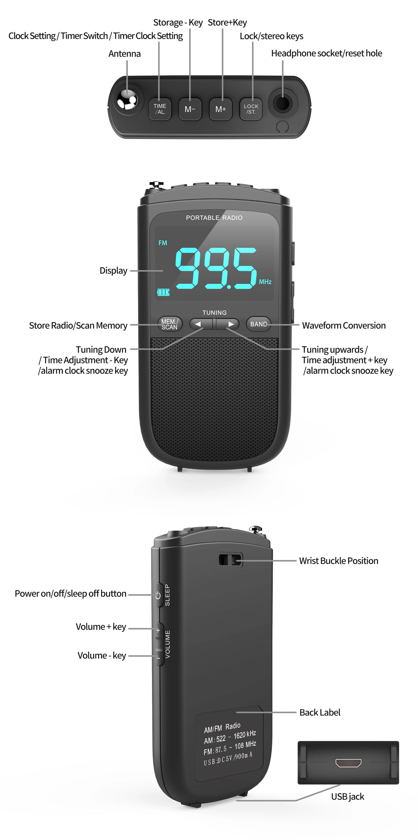 Mini AM/FM Portable Radio – Pocket Stereo Speaker, Rechargeable, Alarm Clock for Outdoor