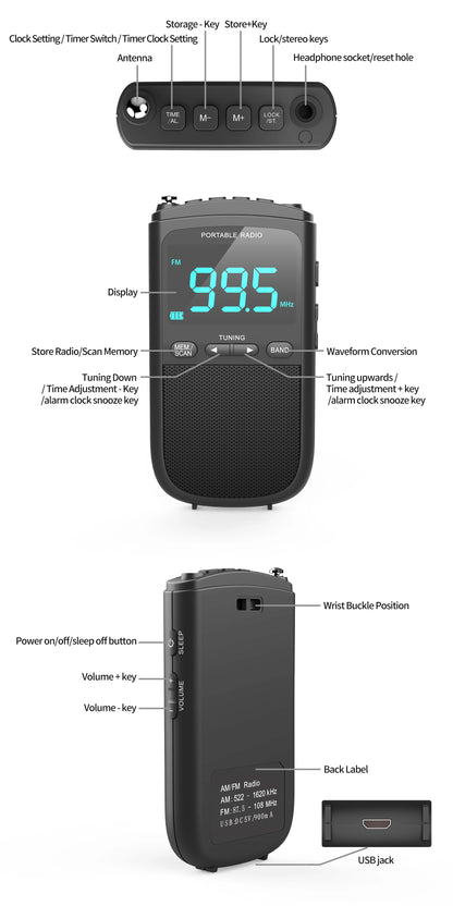 Mini AM/FM Portable Radio – Pocket Stereo Speaker, Rechargeable, Alarm Clock for Outdoor