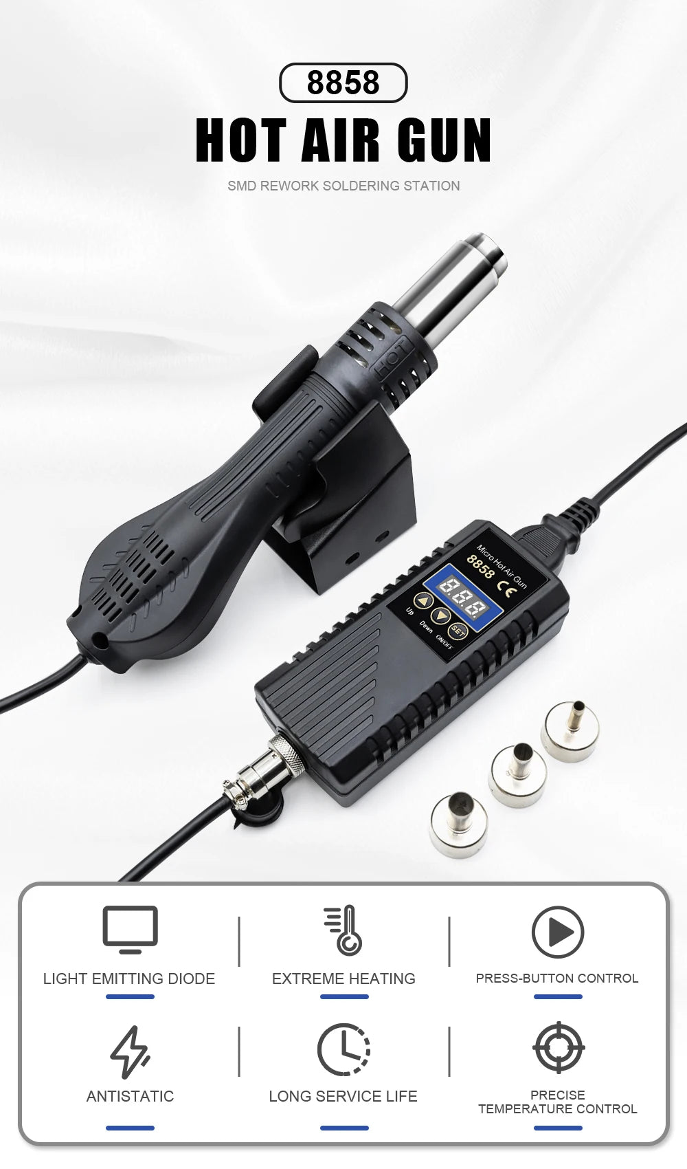 JCD 8858 750W Hot Air Rework Station – LCD Digital Soldering Hair Dryer