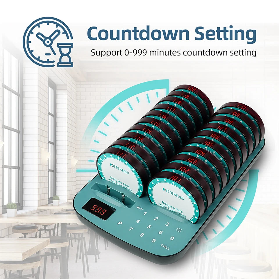 RETEKESS TD167A wireless restaurant calling system coaster pager for food trucks, cafés, and hotels, with buzzer alert.