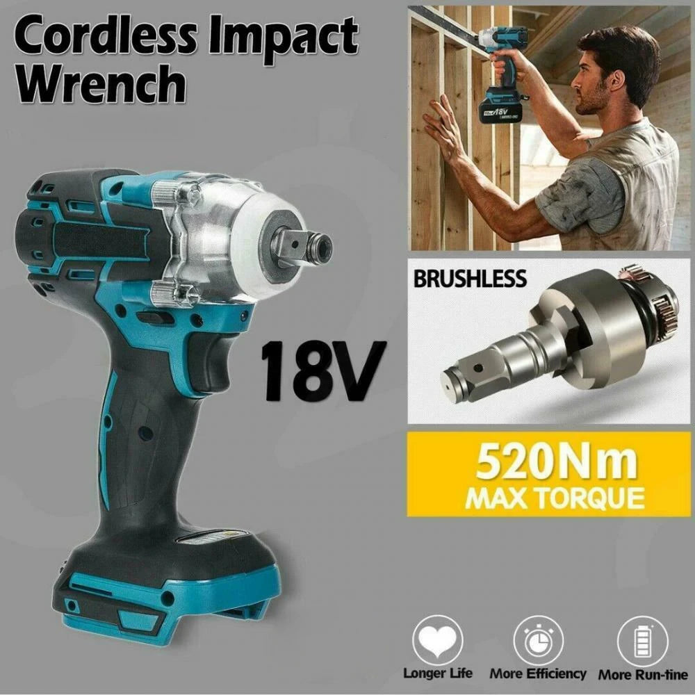 1/2" Brushless Cordless Impact Wrench 520NM – Compatible with 18V Battery