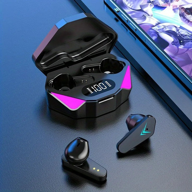 R.E.D. Shopping TWS wireless Bluetooth gaming earbuds with LED display, built-in mic, noise cancelling headphones, black design
