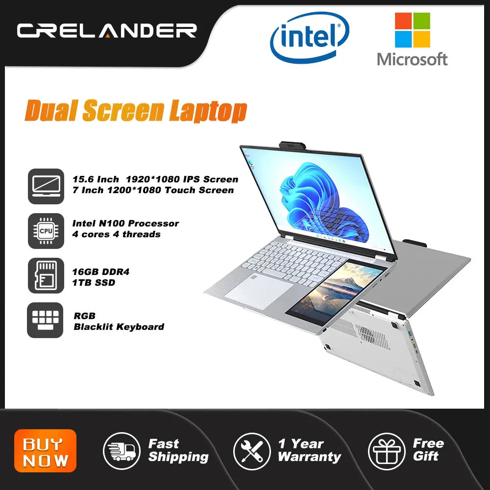 CRELANDER 15.6" Ultraslim Laptop – Intel N100, 16/32GB DDR4, up to 2TB SSD, RGB Backlit, Windows 11