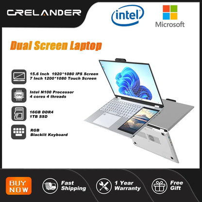 CRELANDER 15.6" Ultraslim Laptop – Intel N100, 16/32GB DDR4, up to 2TB SSD, RGB Backlit, Windows 11