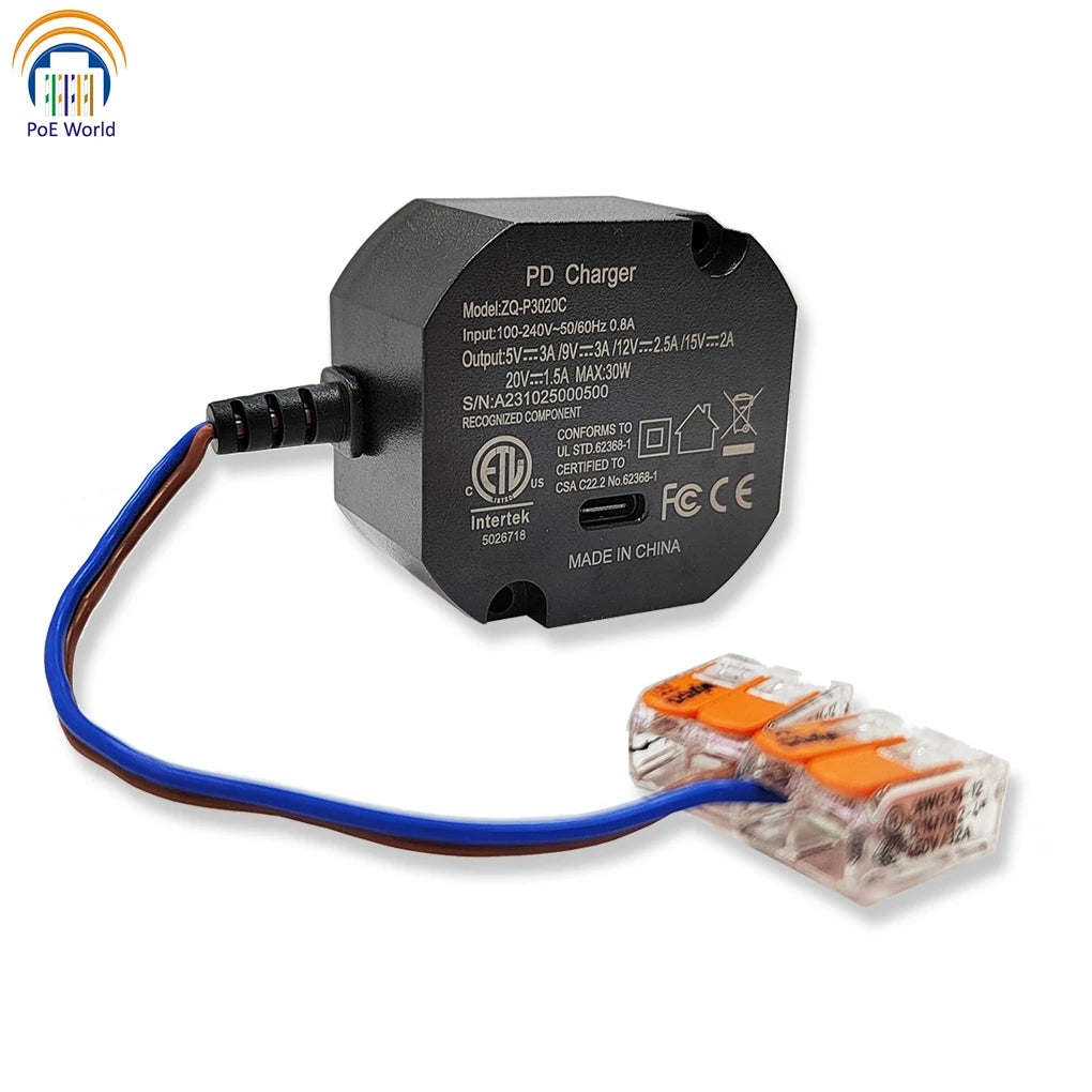 AC to USB-C Wall Charger 30W – Flush Wall-Mount Power Supply for iPad & USB-C Tablets