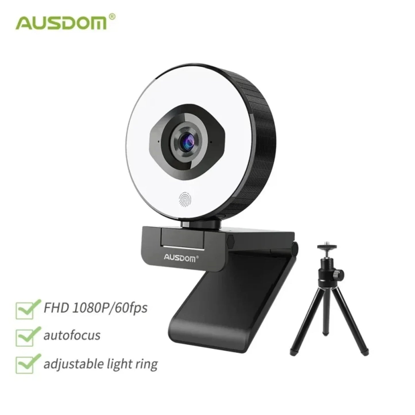 AUSDOM AF668 FHD 1080P 60FPS Webcam – Autofocus, Ring Light, Free Tripod