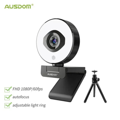AUSDOM AF668 FHD 1080P 60FPS Webcam – Autofocus, Ring Light, Free Tripod