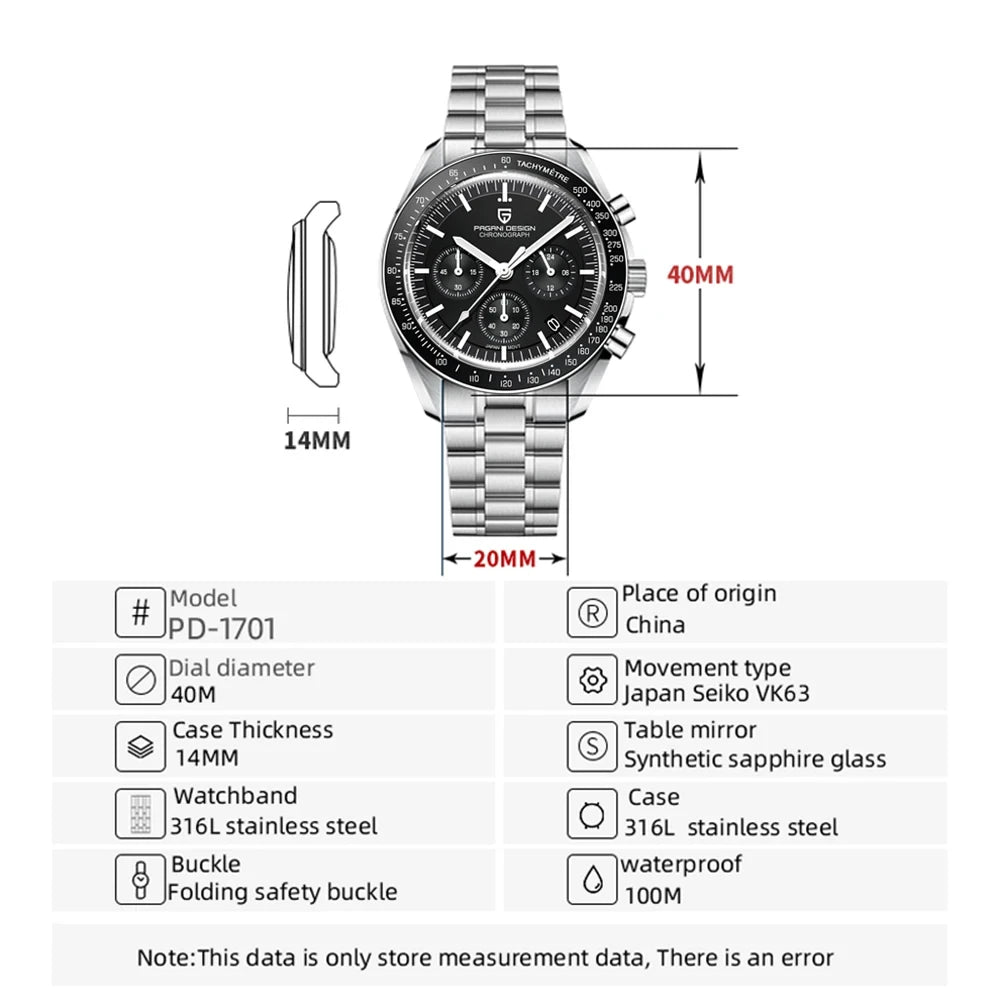 PAGANI DESIGN V5 Moon Men's Watch – Luxury Quartz Chronograph, Waterproof, Stainless Steel, 2026