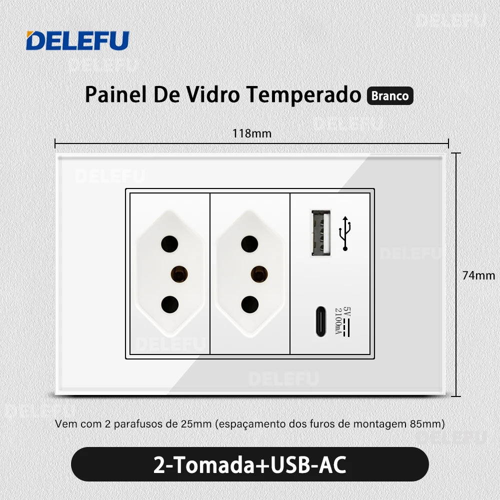 DELEFU Tempered Glass Smart Wall Socket with USB-C | Tuya WiFi | 10A–20A