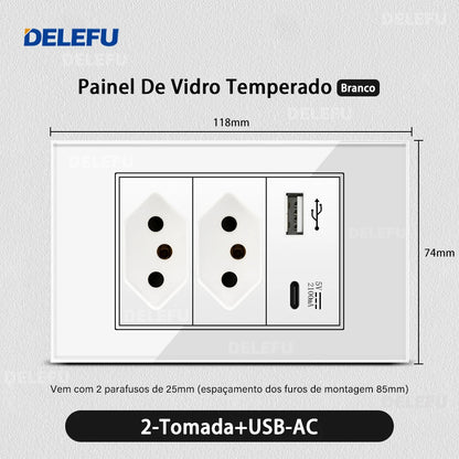 DELEFU Tempered Glass Smart Wall Socket with USB-C | Tuya WiFi | 10A–20A