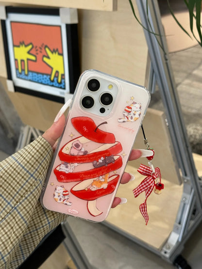 Korean Ins Sliced Apple Dual-Layer Case for iPhone 16/15/14/13/12/11 Pro Max – Cute Dangle Cover