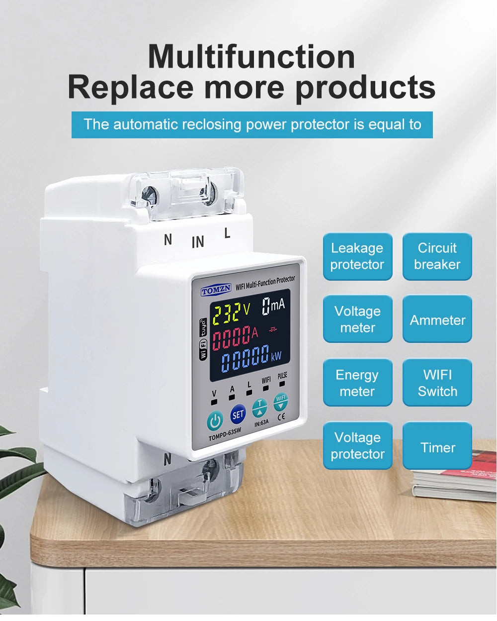 TOMZN 2P 63A TUYA WiFi Smart Circuit Breaker with Energy Monitoring