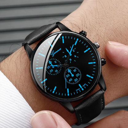 Men's business watch set with leather band, including a quartz watch, necklace, and bracelet, showcasing elegant jewelry and timepiece.