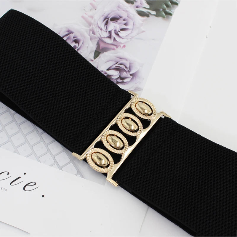 Women’s wide elastic waist belt with metal buckle, corset style cinch belt for fashionable accessory.