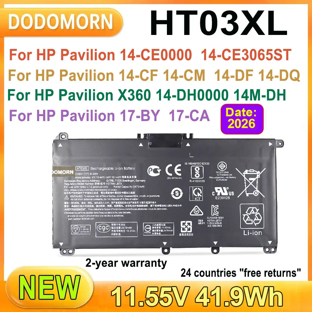 HP Laptop Battery HT03XL – 41.9Wh, 11.55V, 3-Cell, for Pavilion 14/15/17, X360, 15-DA/DB/DW/DY