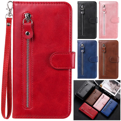 Red leather iPhone 16 Plus zipper wallet case with card slots and magnetic stand, offering stylish protection for mobile phones.
