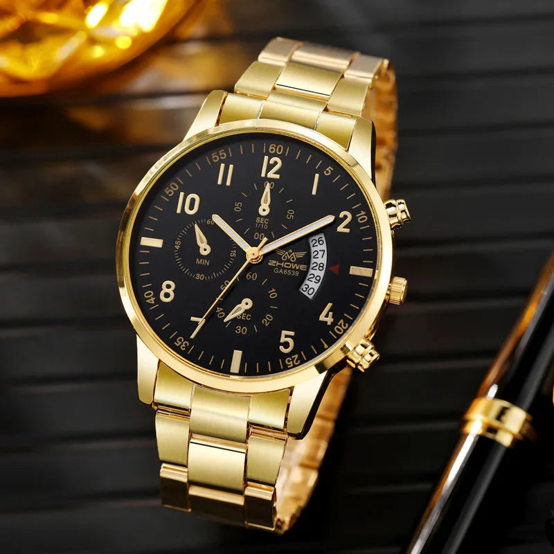 Men's luxury business watch by R.E.D. Shopping with steel strap and calendar feature, displayed on a white background.