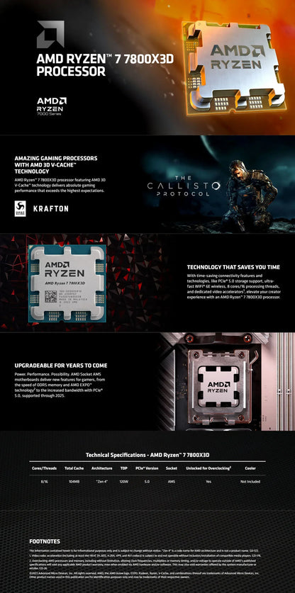 AMD Ryzen 7 7800X3D AM5 CPU – 8-Core, 125W, 96MB L3 Cache, 3D V-Cache