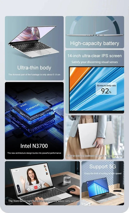 Ultra Slim 14.1" Laptop – Intel N3700, Up to 16GB RAM, Up to 2TB SSD, Win 11