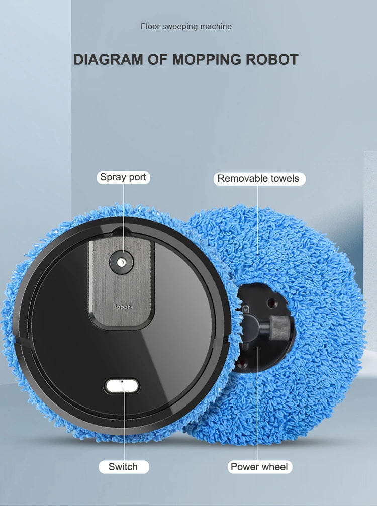 R.E.D. Shopping smart sweeping and mop robot with humidifying spray cleaning a hardwood floor automatically.