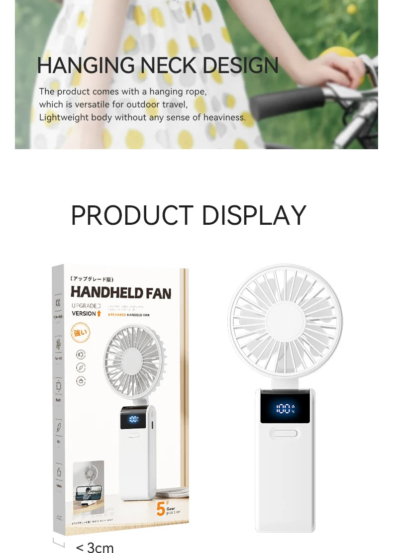 WO.Poblwc Handheld Mini Fan – 1800mAh Foldable, 5-Speed USB Rechargeable, Neck Hanging, Phone Stand, for Home & Outdoor