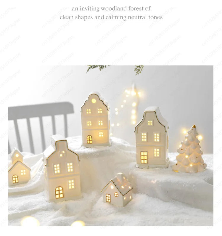 Christmas luminous snow house ceramic ornament with LED lighting, perfect as festive tabletop home decor from R.E.D. Shopping.