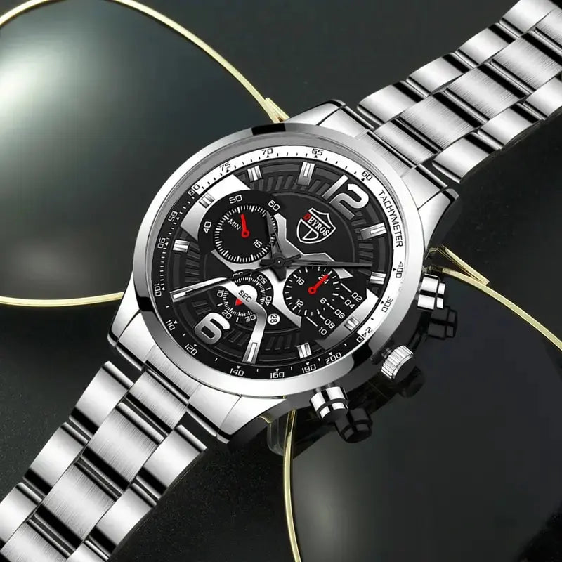 DEYROS 5-piece men's watch and jewelry gift set by R.E.D. Shopping featuring a quartz calendar watch, necklace, and bracelet.