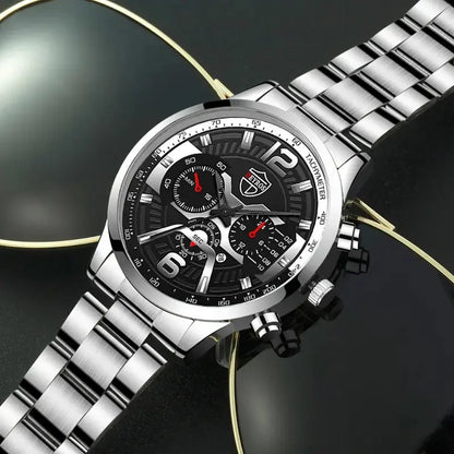 DEYROS 5-piece men's watch and jewelry gift set by R.E.D. Shopping featuring a quartz calendar watch, necklace, and bracelet.