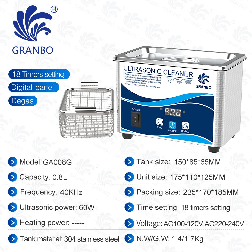 800ml Ultrasonic Cleaner 60W | EU Plug | Degas | 110V-220V | Watches & Jewelry