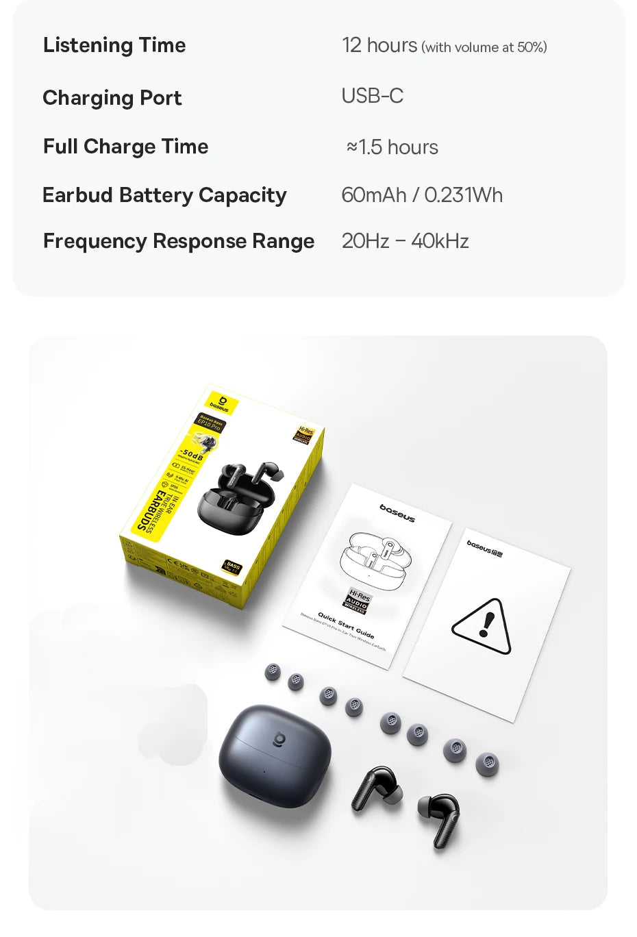 Baseus EP10 Pro ANC TWS Earbuds – 50dB, LDAC, Bluetooth 6.0, 6 Mics, Hi-Res, IP55